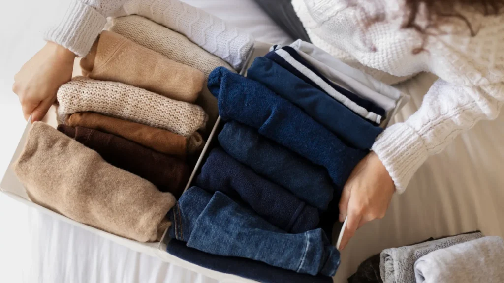 wanita merapikan box yang berisi berbagai macam pakaiannya dalam lemari kapsul