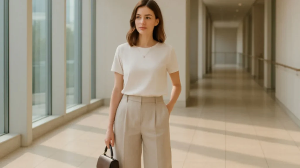 style smart casual wanita untuk acara santai dilengkapi dengan kaus putih dan celana kain