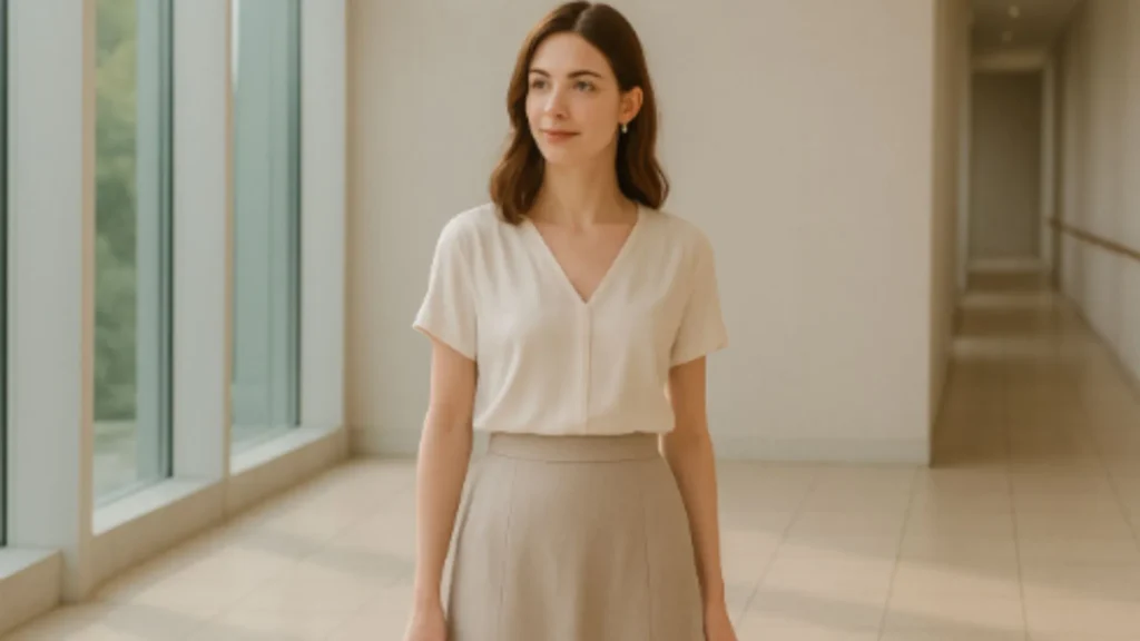 dress code smart casual untuk acara semi-formal dengan blouse dan rok midi