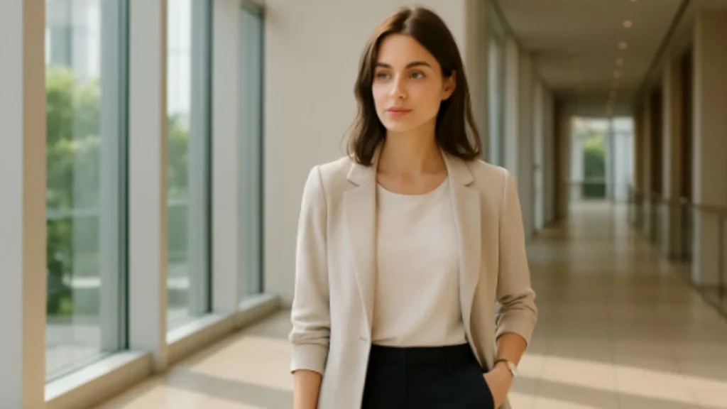 smart casual outfit wanita untuk interview dengan paduan blazer, kaos putih, dan celana hitam