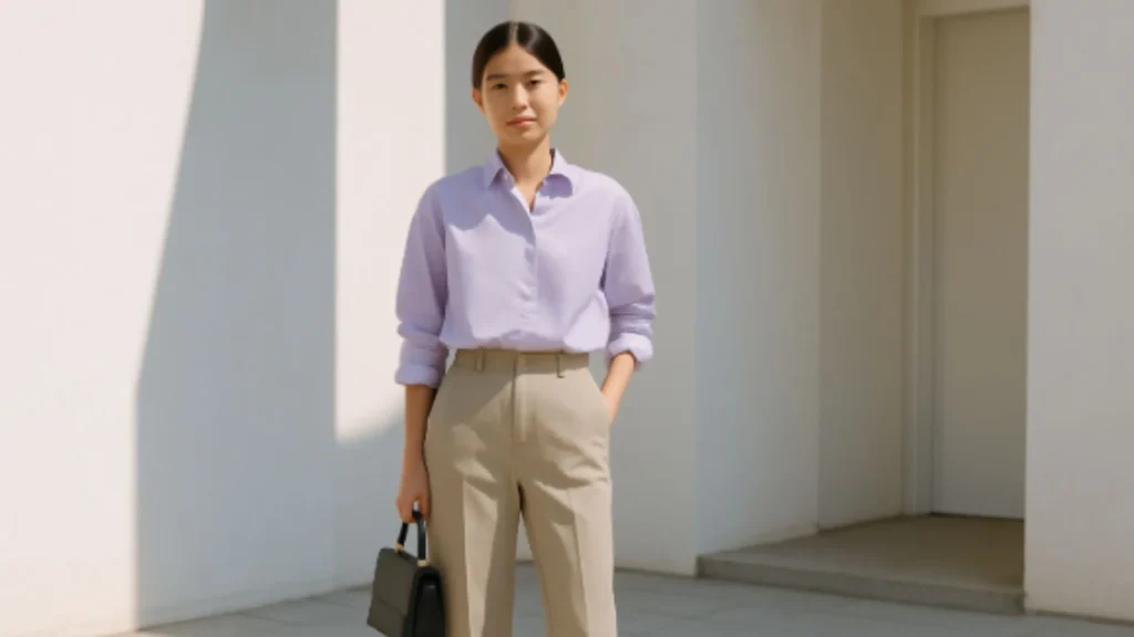 korean style smart casual dengan kombinasi shirt oversized pastel dan celana bahan