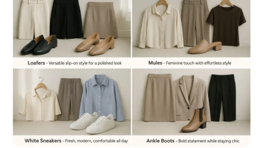 gambar sepatu smart casual wanita yakni loafers, mules, sneakers, dan ankle boots