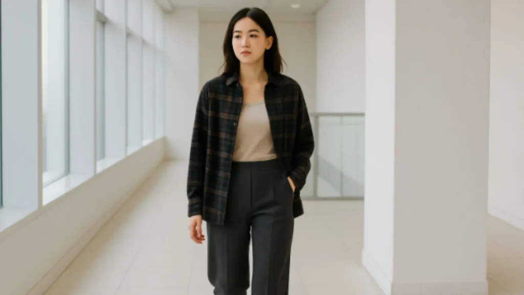 smart casual dengan flanel yang dikombinasikan kaos dan celana bahan