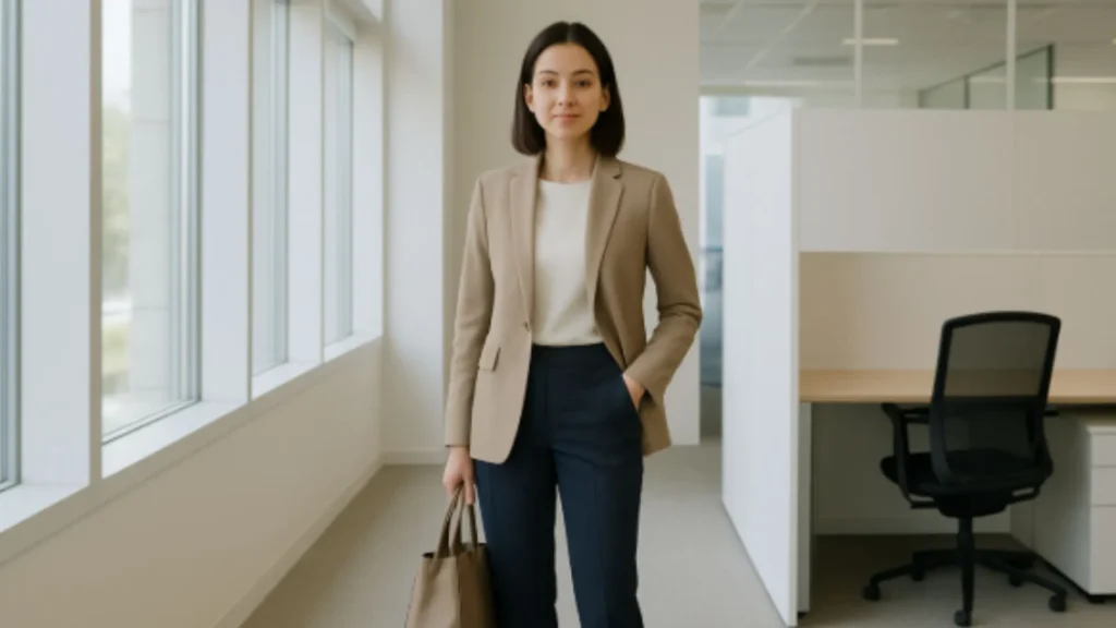kombinasi pakaian smart casual untuk interview yakni blazer, kaos, dan celana kain gelap